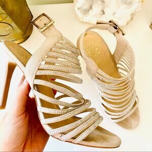 VINCE CAMUTO Nude Cream Suede Sequin Sparkly Strappy Stiletto Sandal Heels 8.5